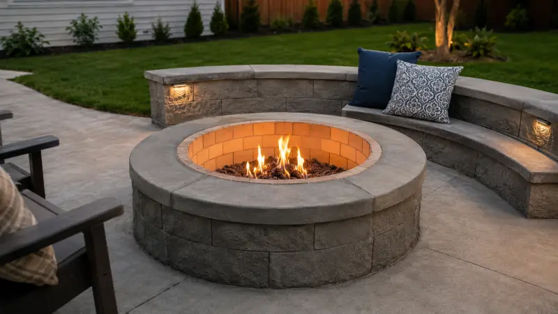 Gas concrete fire pit with a fire-brick lining and integrated seat wall on a patio