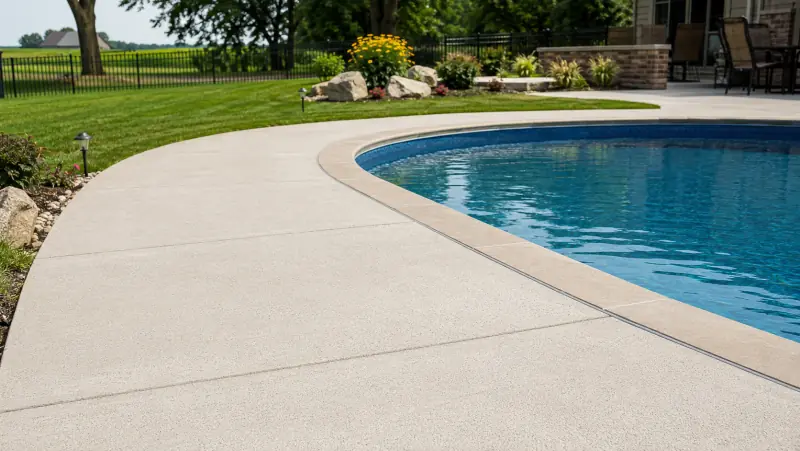 Light textured concrete pool deck curving around a backyard pool