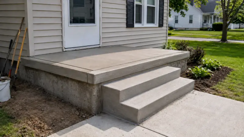 New concrete porch and steps with uniform risers at a home entry