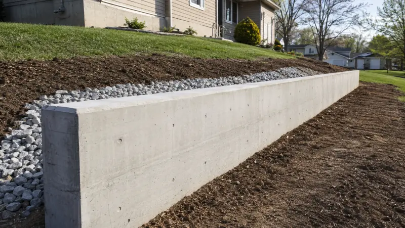 New poured concrete retaining wall with drainage gravel backfill in an Ohio backyard