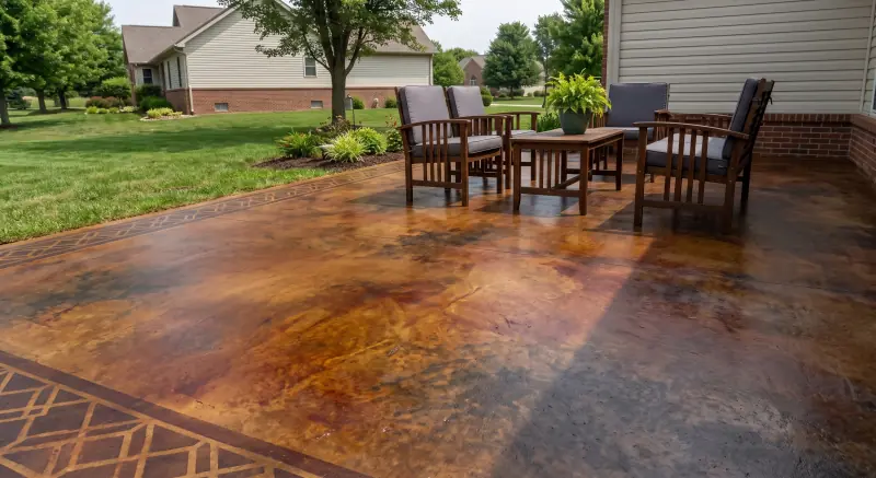 Acid-stained concrete patio with a stenciled border in Tiffin, OH