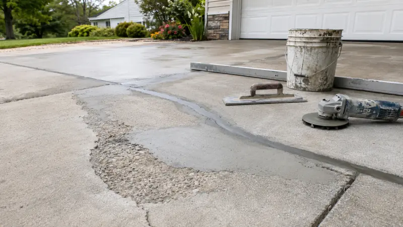 Spall and crack repair in progress on a suburban concrete driveway