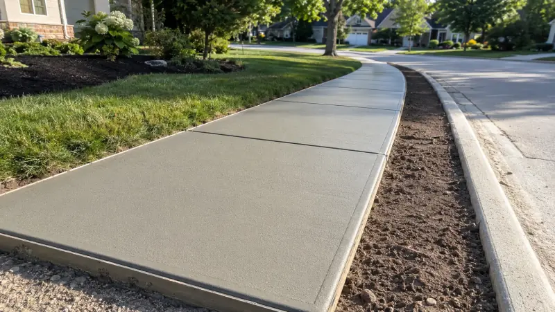 Freshly poured concrete sidewalk with tooled control joints along a residential street