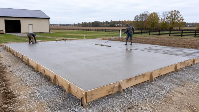 Crew floating a freshly poured concrete slab for a pole barn