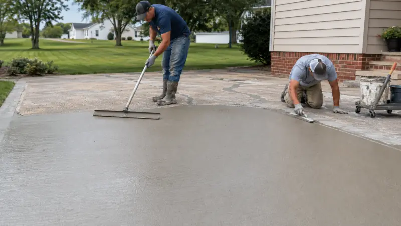 Crew spreading a resurfacing overlay across a worn concrete patio