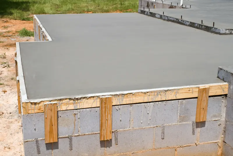 Freshly finished concrete slab poured on a block foundation by Tiffin Concrete Co.